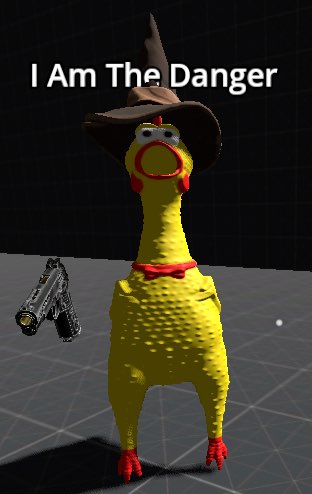Rubber, screaming chicken with a gun